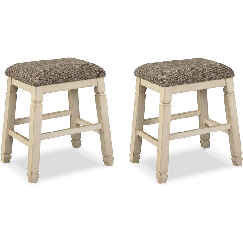 Bolanburg Farmhouse Counter Height Upholstered Barstools – Whitewash – Set Of 2, Solid Wood Frame, Kitchen Island & Dining Room Seating