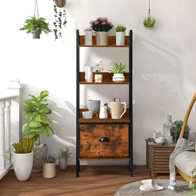 Échelle échelle, support de rangement rétro Industrail avec structure en métal, organisateur de rangement avec tiroir en tissu amovible pour bureau, cuisine, salle de bain, brun rustique (4 niveaux)