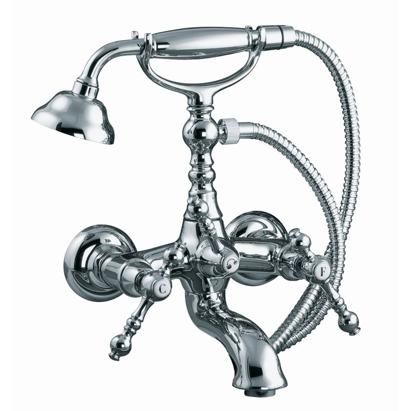 Garniture de robinet de baignoire à pattes mural avec inverseur et douchette Epoque, Nickel brossé