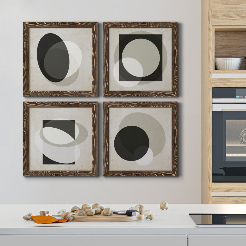 Moderniste Neutre I - ensemble de 4 peintures sur toile encadrées, H 27,5 po x l 110 po x P 1,5 po, Toile avec cadre en noyer