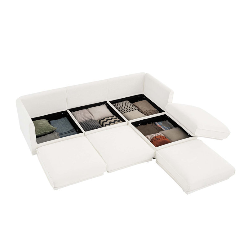 Canapé modulaire moderne en L 4 pièces avec rangement et 1 repose-pieds avec rangement, Chenille blanche