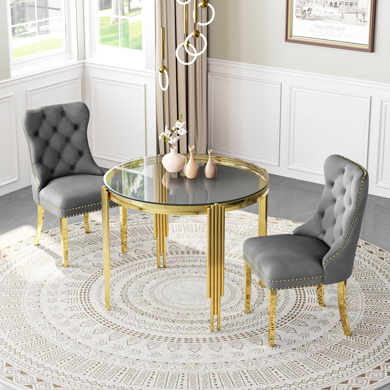 37"Modern Glass Dining Table Set, Irregular Stainless Steel Table Legs And Velvet Tufted Backrest Chairs, Clear, Gold