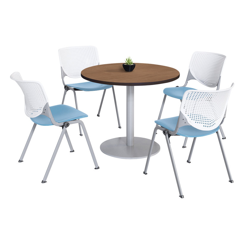 Mode Round Breakroom Table Set With 4 Kool Stacking Chairs, 29" H x 42" L x 42" W, Cherry/White/Navy