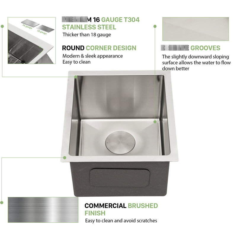 15"X17"X10" Undermount Stainless Sink - 16 Gauge, Single Bowl, 10" Deep, Sus304, Brushed Satin, Soundproof Pad, Condensation Coating, X-Shaped Drain Guideline, Slope Design 15 Inch 15"X17"X10", Steel