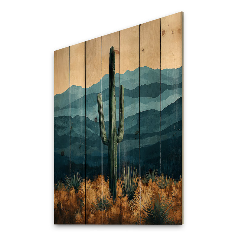 Cactus et montagnes I - Décoration murale en bois de cactus floral - sur bois de pin naturel, H 44 po x l 34 po x P 0,78 po
