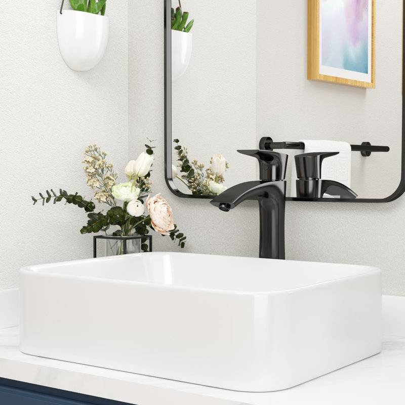 19" L x 15" W Bathroom Vessel Sink White Ceramic Bathroom Above Counter Sink with Bathroom Faucet, Matte Black