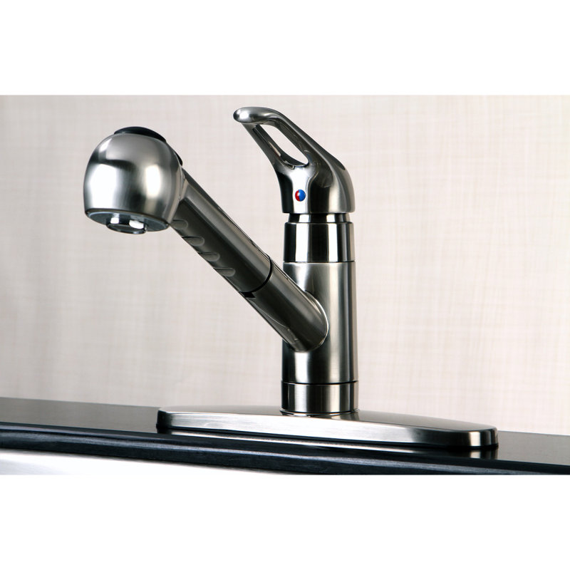Kingston Brass Century Single-Handle 1-or-3 Hole Deck Mount Pull-Out Sprayer Kitchen Faucet, Brushed Nickel