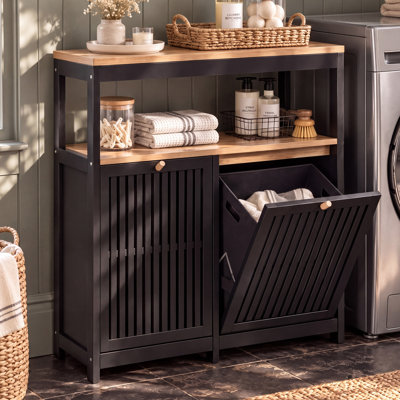 31.5" W Freestanding Double Tilt-Out Laundry Hamper Cabinet with 2 Removable Bins, Open Shelf & Bamboo Slat Doors