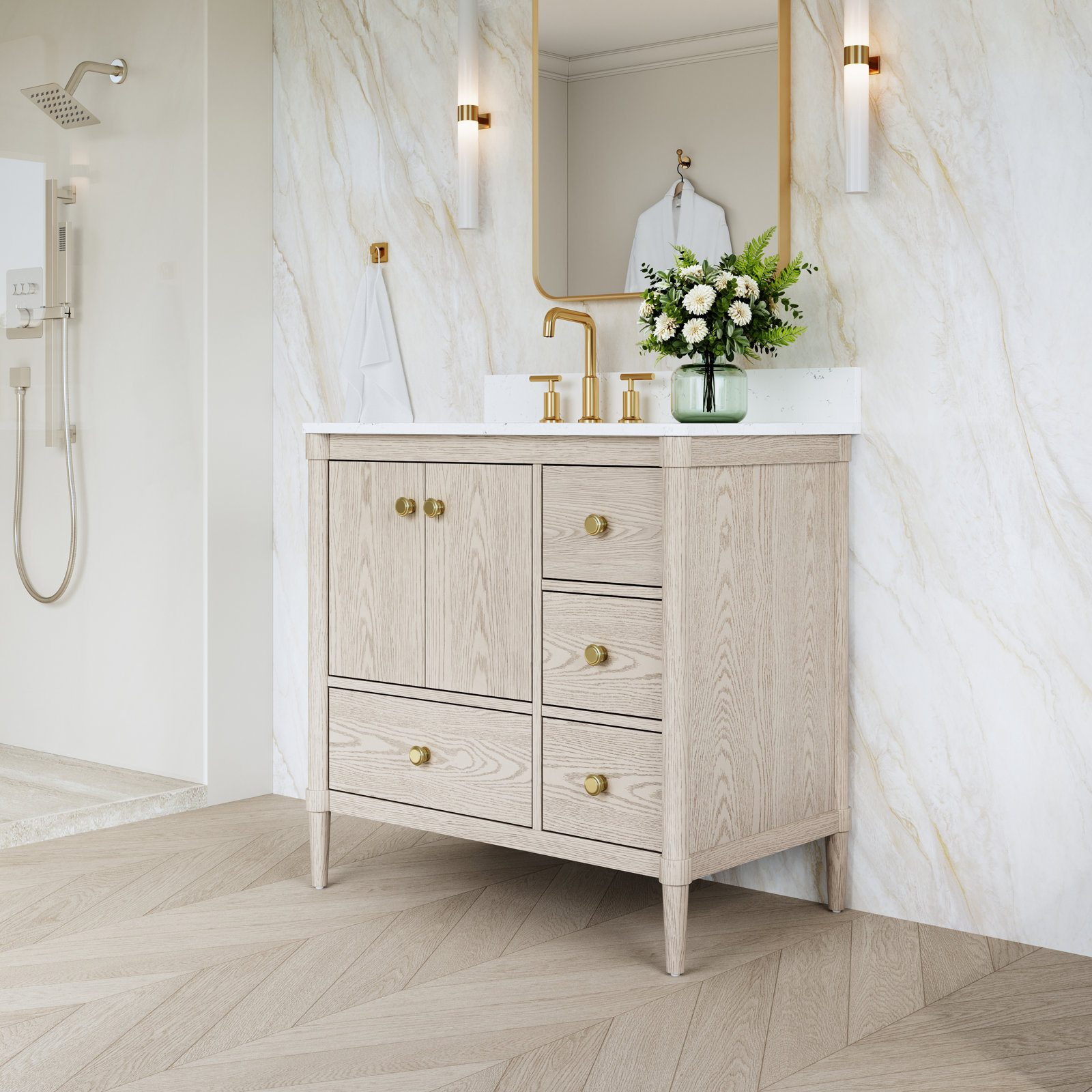 36" Solid Wood Single Sink Bathroom Vanity With Carrera Quartz Top