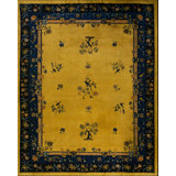 Antique Art Deco Room Size Wool Blue Navy, Yellow Rug