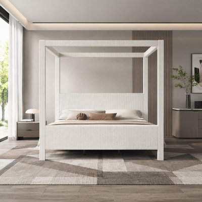 Très grande base de lit tapissier avec tête de lit et pied de lit, lit à baldaquin en velours côtelé vertical, aucun sommier requis