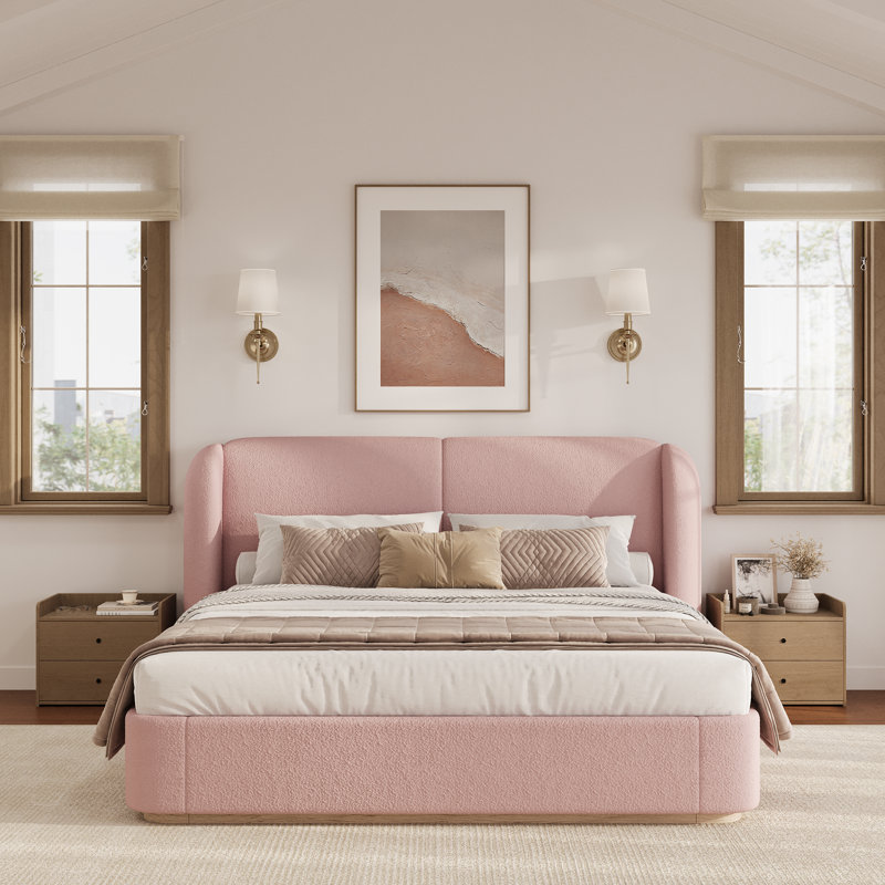 Henry Boucle Upholstered Platform Bed With Headboard & Wooden Slats, King, Pink