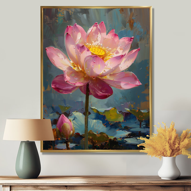 Décoration de lotus rose et gris - étang de lotus, Cadre flottant doré, H 24 po x l 32 po