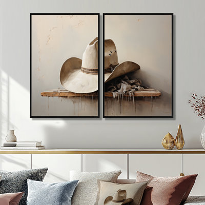 Chapeau de cowboy style minimaliste I - ensemble de 2 impressions sur toile beiges