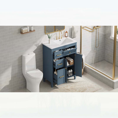Meuble-lavabo de 36 pouces avec lavabo en céramique, tiroirs basculants et latéraux, tablette réglable, finition gris-bleu