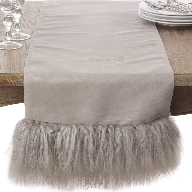 Mongolian Lamb Wool Fur Trim Elegant Table Runner, Fog