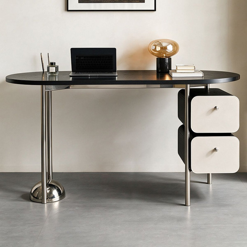 Bureau ovale noir en bois massif avec 2 tiroirs