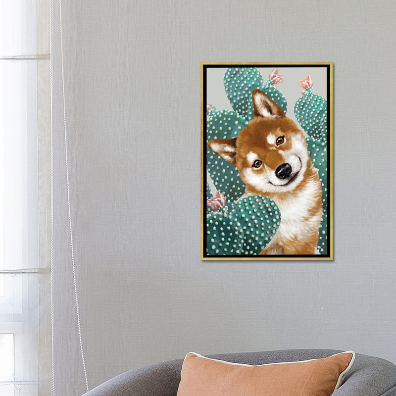 Shiba shiba avec cactus, H 26 po x l 18 po x P 1,5 po, Toile encadrée d'or