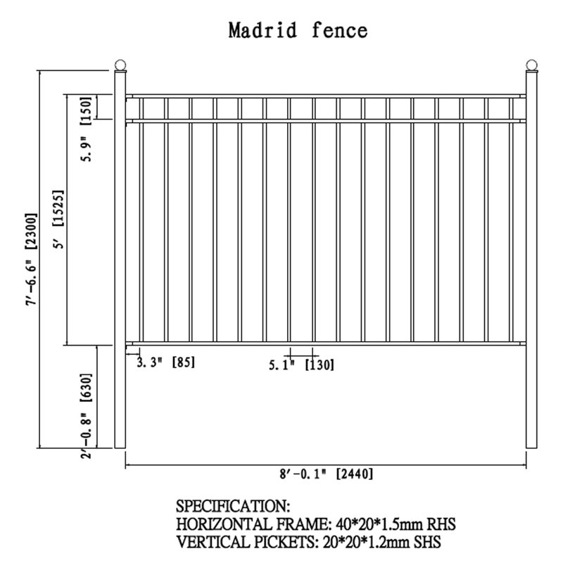 Madrid Style Black Steel 8' x 5' Ornamental Fence Panel