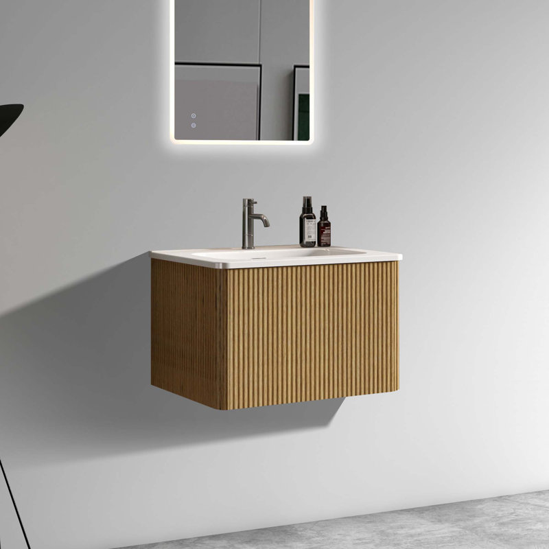 Bathroom Vanity With White Ceramic Sink, Walnut, 24" 
