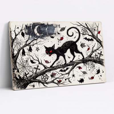 Art mural sur toile d'Halloween, chat noir avec yeux rouges sur une branche