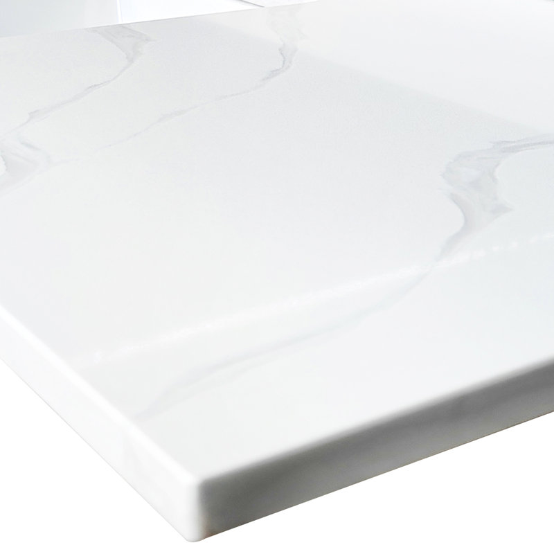 Dessus de meuble-lavabo à quartz 61 po antitaches et résistant à la chaleur pour la salle de bain, lavabo sous-comptoir simple, 4 dosserets, 3 trous de robinet pré-percés, solution de salle de bain luxueuse avec bol haut blanc, excellent remodelage