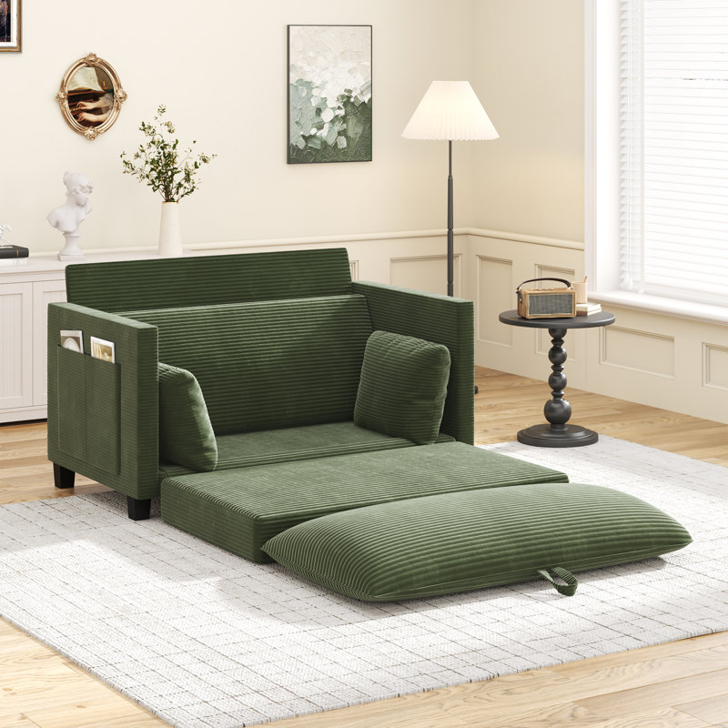 51" Convertible Sofa Bed With Storage Pockets & 2 Pillows, Modern 2-In-1 Folding Corduroy Fabric Loveseat For Small Spaces, Green