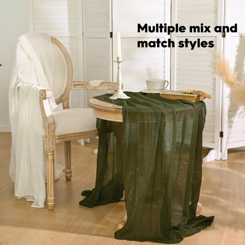 Olive Green Boho Gauze Wedding Cheesecloth Table Runner 400 cm | Christmas Seasonal Spring Bridal Fabric Kitchen Dining Holiday Table Decor for Home Party