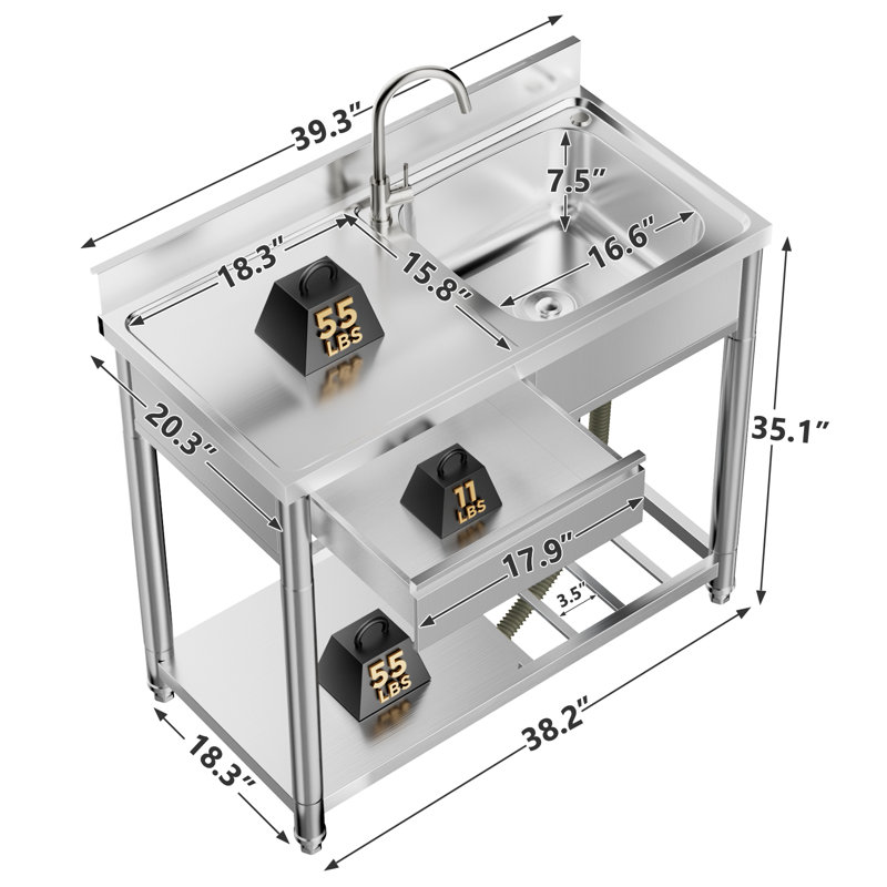 Station de lavabo d'extérieur en acier inoxydable, banc de travail autoportant argenté de 39 po - parfait pour la cour arrière / barbecue / camping, tablette de rangement + tiroir de gauche, fentes à couteaux, pieds réglables antidérapants, robinet à 360 °
