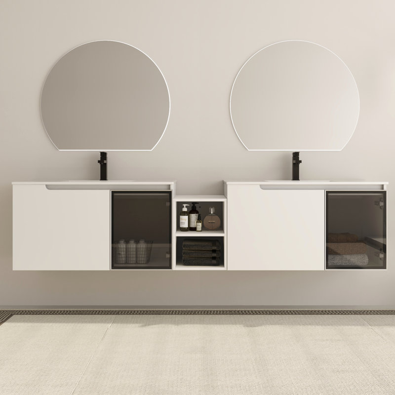 Meuble-lavabo mural double 84 po avec comptoir en céramique Myria, 84", 2