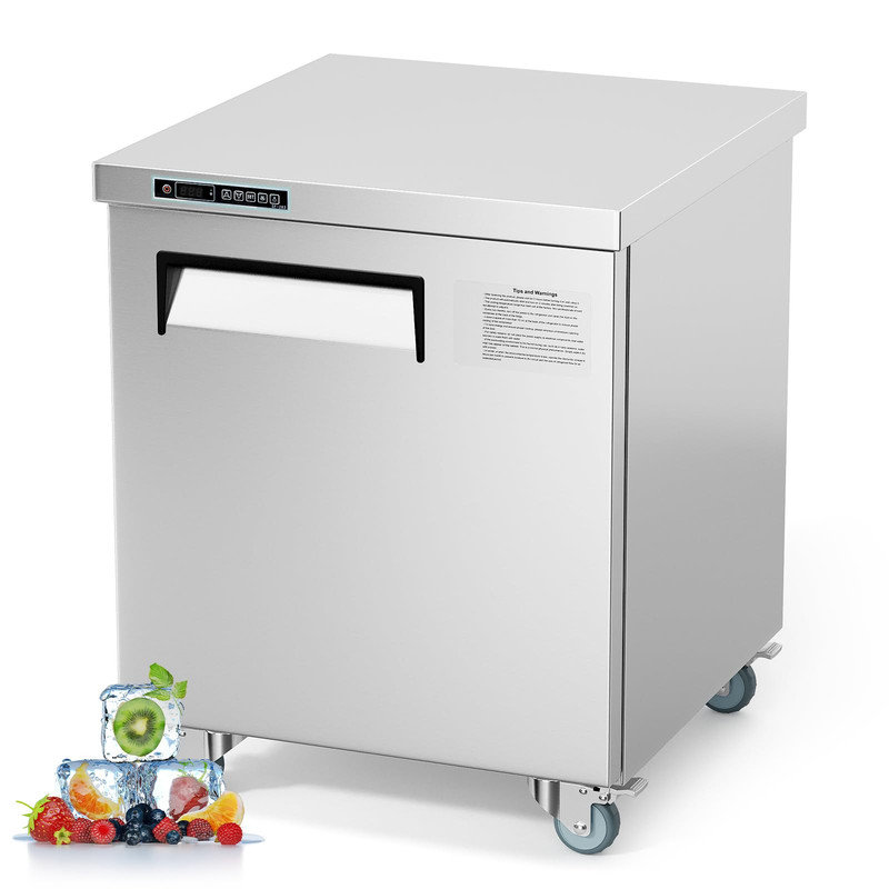 28" Single Door Commercial Prep Refrigerator, 7.4 Cu Ft Stainless Steel Undercounter Sandwich & Salad Station with 8 Pans, Cutting Board, Adjustable Shelf & Locking Casters for Bar Restaurant