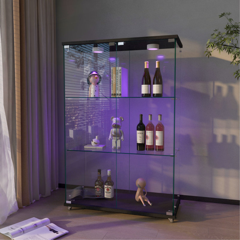 Modern Glass Display Cabinet With LED Lights, Quick-Assembly Antique Cabinet, Tempered Glass Bookshelf, Suitable For Living Room And Bedrooms, 2-Door 3-Shelf