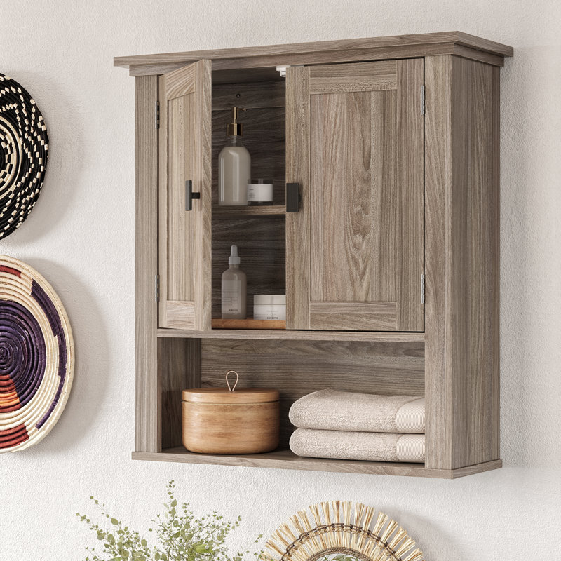 RiverRidge Hayward Two-Door Bathroom and Laundry Wall Mount Storage Medicine Cabinet with Fixed and Adjustable Shelf, Taupe