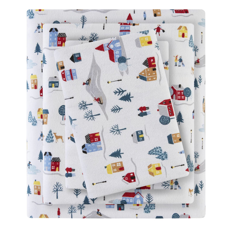 Twin Printed Sheet In 3 Pieces, White Village Print Design, 100% Cotton Flannel For A Soft Touch, Multiple Prints Available, Includes Flat & Fitted Sheets And Pillowcases, Elasticized 12" Twin/full