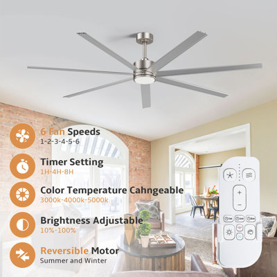 Ventilateur de plafond 72 pouces 72 pouces avec lumière DEL, télécommande, moteur réversible et 6 vitesses - aluminium