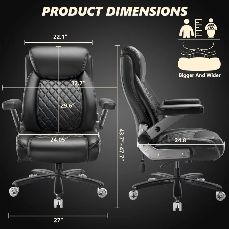 Inbox Zero 600LBS Large Heavy Duty Office Chair With 5D Flip Arms, Big And Tall Office Chair With Pocket Spring Cushion, Extra Wide Office Chair With Adjustable Lumbar Support,Dual Rubber Wheel
