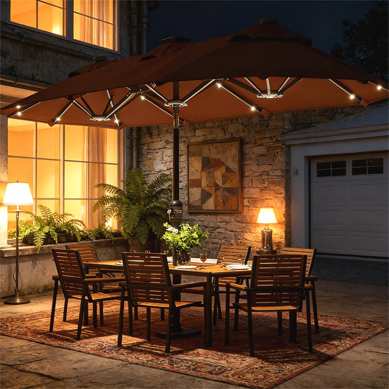 Parasol de patio extérieur avec lumières DEL solaires et base durable, idéal pour les repas et la détente, Coffee