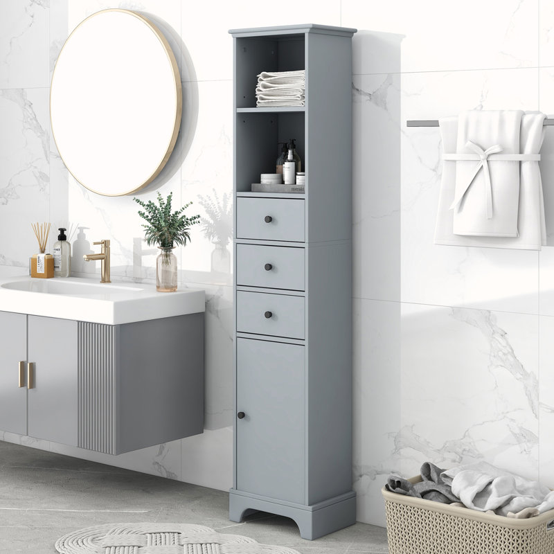 Armoire de salle de bain autoportante Anegada, armoire de rangement haute avec 3 tiroirs et tablettes réglables, Gris clair