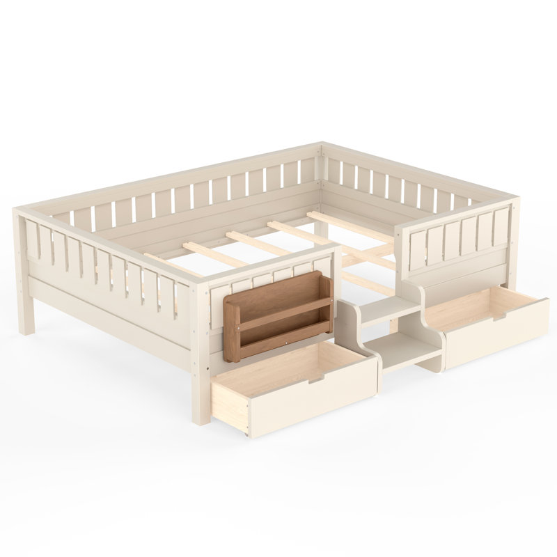 Grand lit de rangement avec tablettes et tiroirs, escalier de sécurité et rails, cadre de lit multifonctionnel, beige, Beige