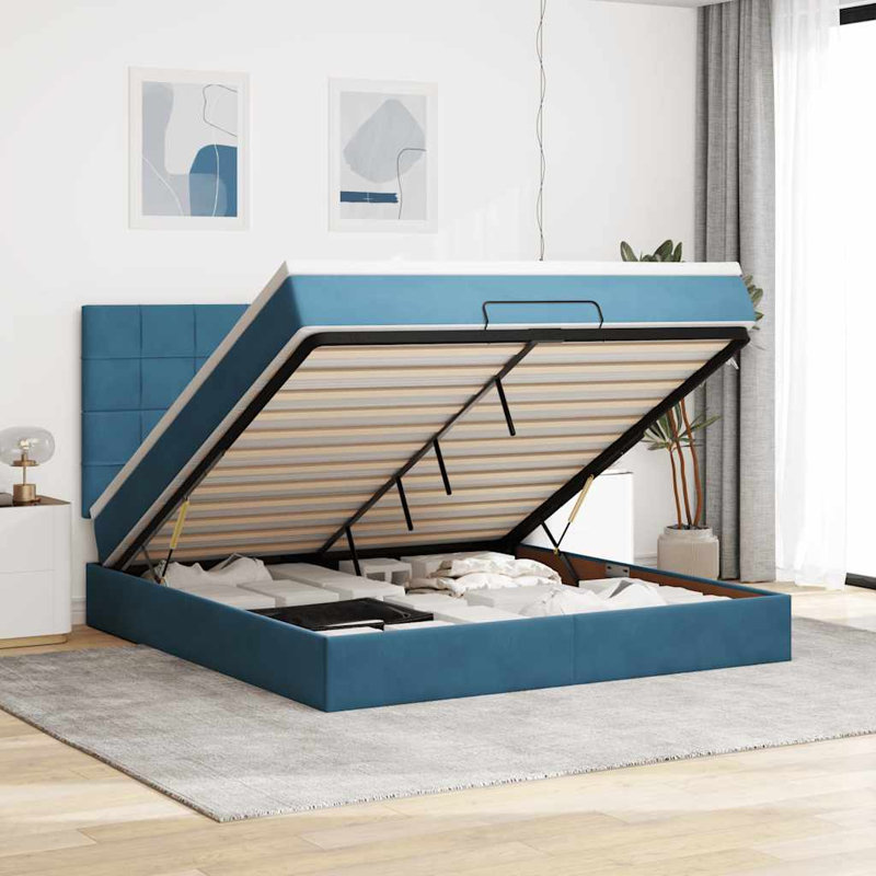 Ottoman Bed With Mattresses Velvet, Dark Blue, Super King (6')