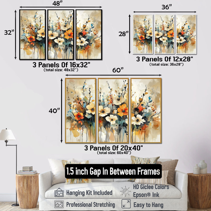 Fleurs sauvages et symphonie abstraite II - art mural fleurs sauvages - ensemble de 3, H 28 po x l 36 po, Doré