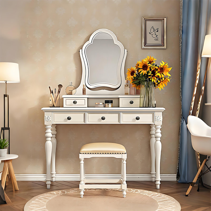 39.37"American-style white solid wood dressing table with mirror