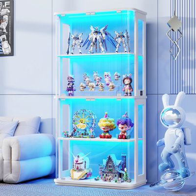 65" Rounded Curio Cabinet With Glass Door, 4-tier Curio Cabinet With Transparent Full-display Surface, Glass Display Case With 3 Color Lights For Coll
