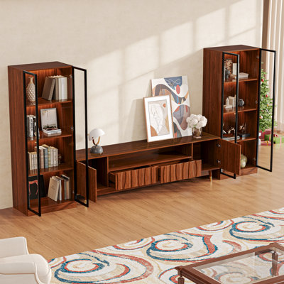 Walnut Brown Mid-century Modern Living Room Entertainment Center Tv, Wood Media Console Includes Tv Stand With Storage And Two 4-tier Glass Display Shelves For Living Room And Bedroom