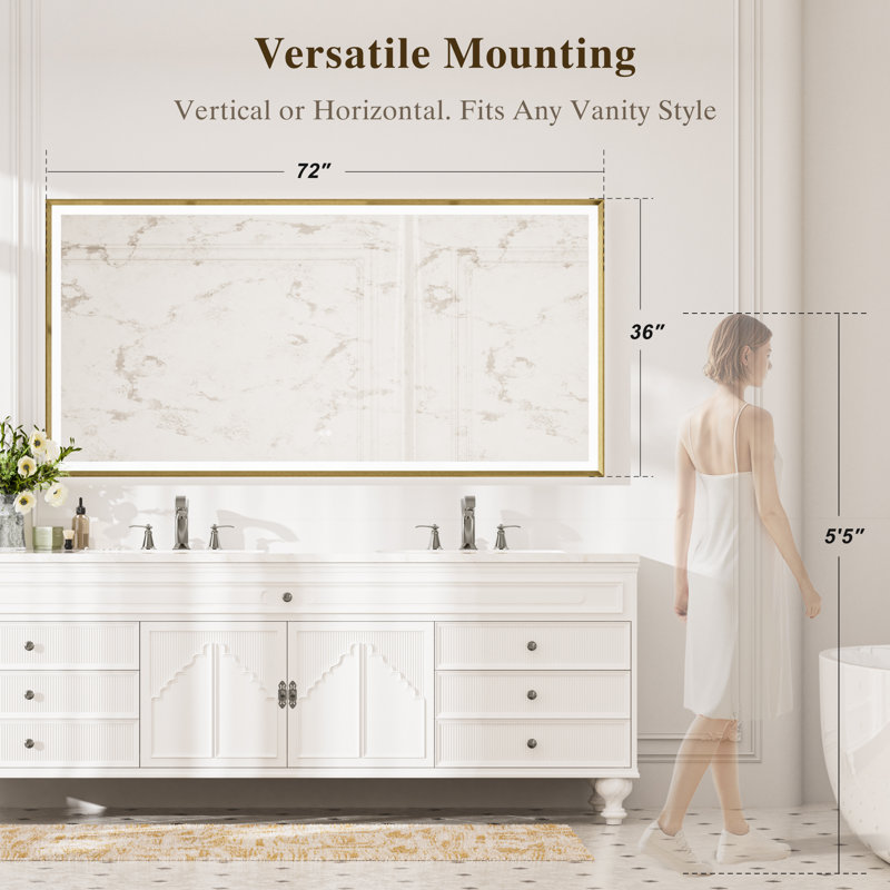 Miroir de salle de bain à DEL avec traitement antibuée, miroir mural rétroéclairé avec commande tactile et mémoire intelligente, verre trempé et cadre en aluminium biseauté pour lavabo, chambre, entrée.