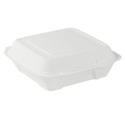 Restaurantware-Pulp Safe No PFAS Added 32 Ounce Clamshell Boxes, 100 Disposable Containers - Home Compostable, Microwavable And Freezable, White Bagasse Containers, Built-In Hinged Lid, And Tab Lock