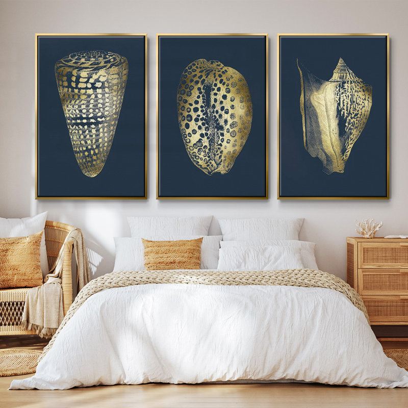 Ensemble de 3 pièces encadrées sur toile, feuille d'or I sur cobalt, Encadrement doré, H 27 po x l 54 po