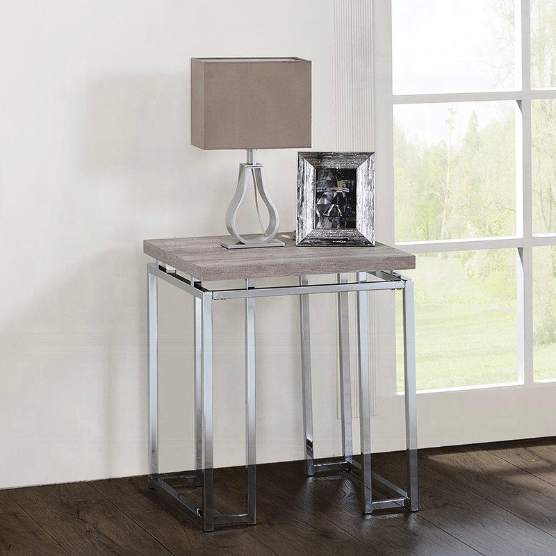 Table de bout carrée avec plateau en chêne naturel et base de style traîneau, design contemporain pour le salon, l 19 po de largeur, 24 po de hauteur avec structure en métal au fini, dimensions 19 x 19 x 24
