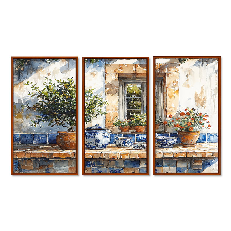 «Blue and Green Kitchen Greek Kitchen», ensemble d'art mural, H 28 po x l 36 po x P 1 po, Toile avec cadre flottant noir