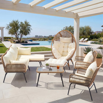 6 Person Outdoor Boho Patio Conversation Set with Egg Chair, Ottoman and Rectangular Glass-Top Table